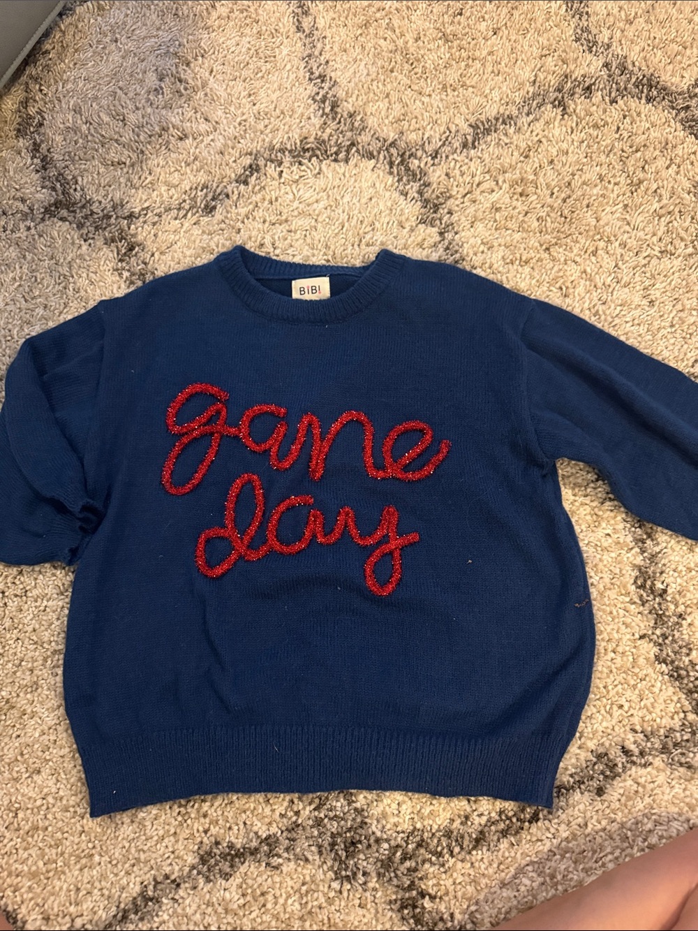 BIBI 'Game Day' Blue Knit Sweater tinsel writing